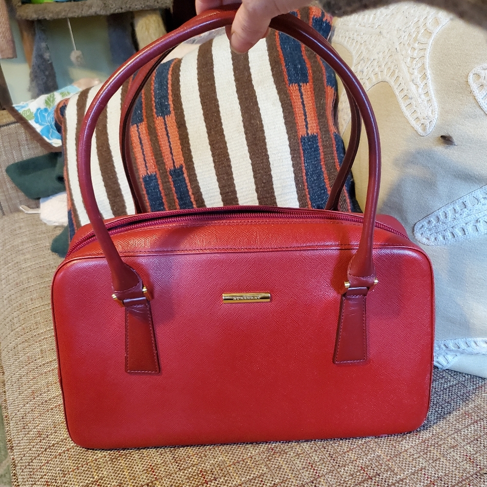 Vintage Burberry Red Saffiano Leather Boston Bag.